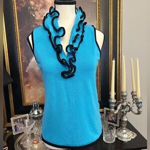 Vibrant Blue Ruffled Tank Top with Black Accents